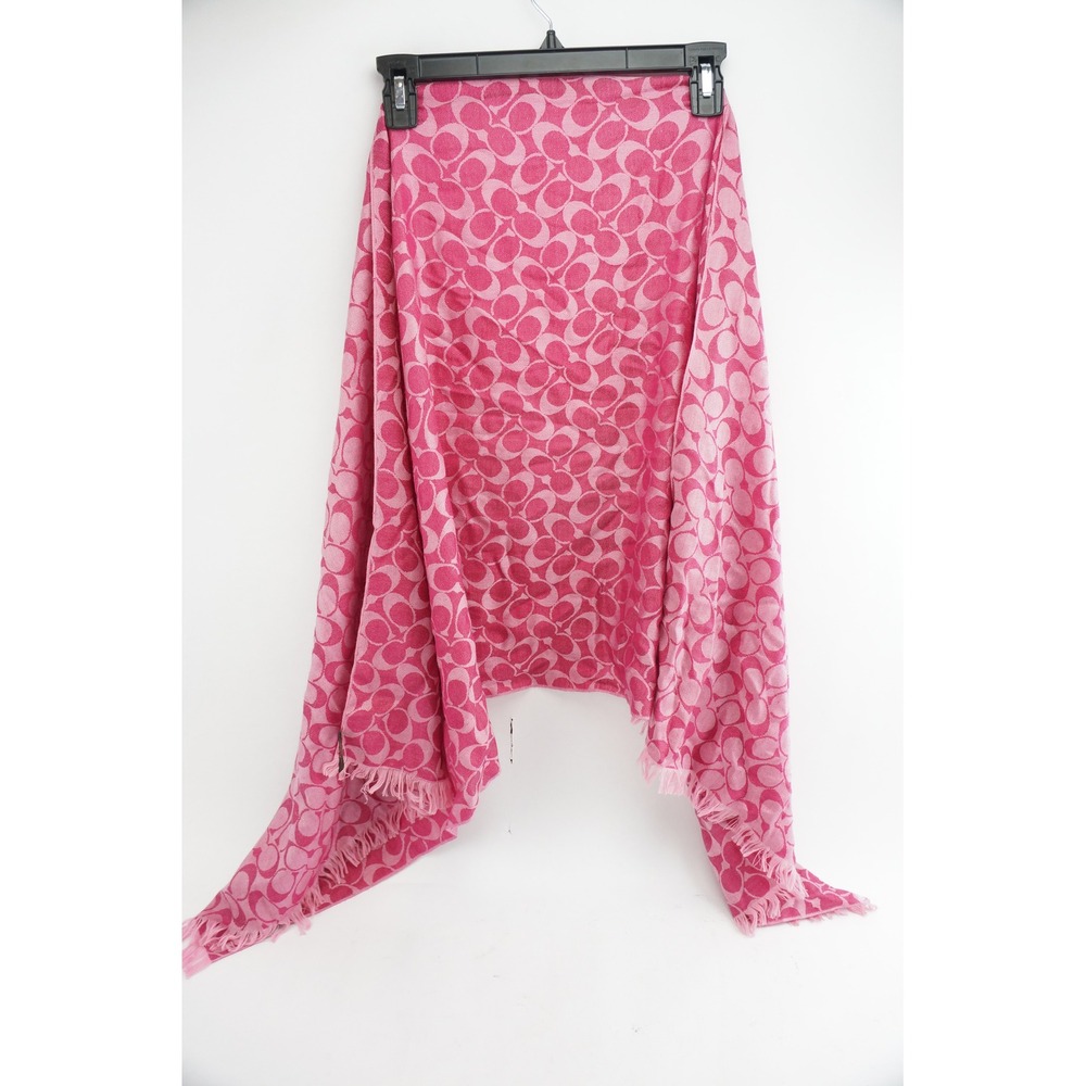 Coach Scarf Pink Signature C Monogram Fringed Jacquard Wrap Excellent